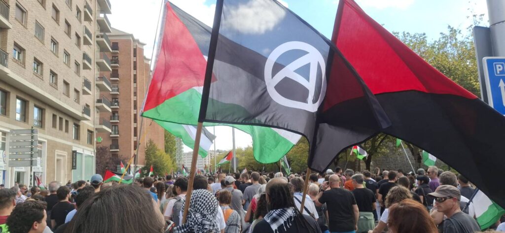 Palestina bandera, anarkista eta gorri-beltza manifestazioan Iruñean
