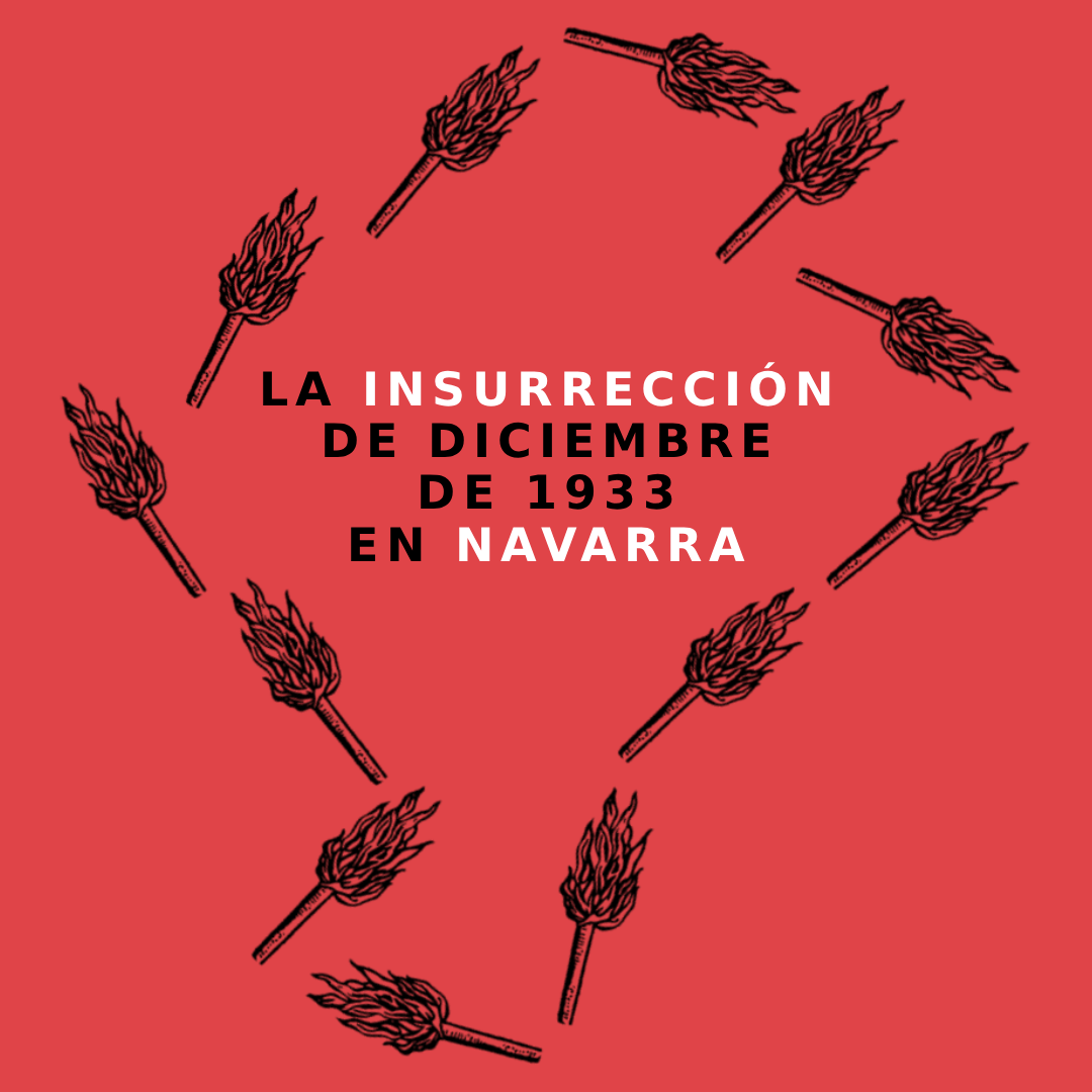 Texto en negro y blanco sobre fondo rojo: La insurrección de diciembre de 1933 en Navarra. Enmarcando el texto, una serie de antorchas dan forma a la silueta de Navarra.
