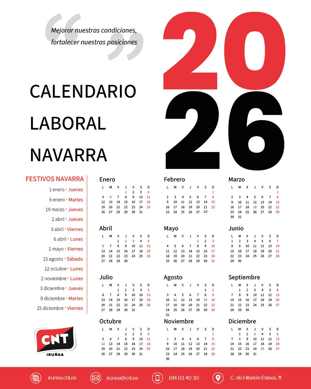 Calendario laboral de Navarra de 2026 en Castellano