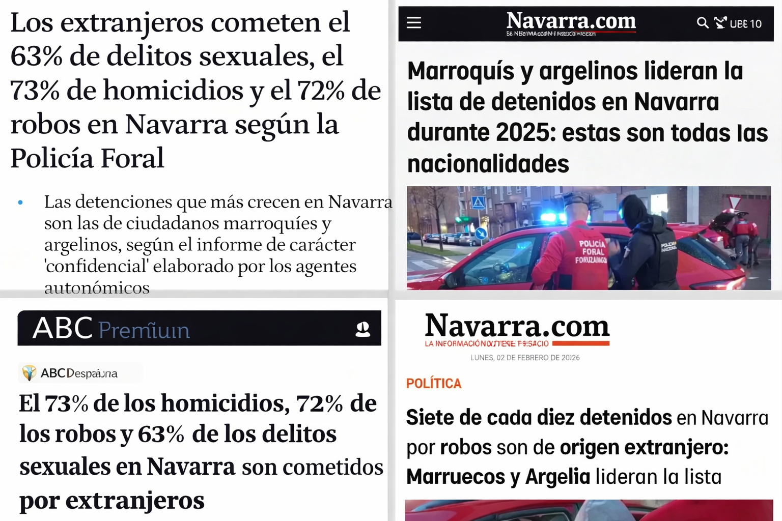 Titulares de prensa en español que destacan estadísticas policiales sobre delitos en Navarra atribuidos a personas extranjeras. Los titulares mencionan porcentajes elevados de delitos —como robos, homicidios y delitos sexuales— cometidos por extranjeros, especialmente de origen marroquí y argelino. Las noticias provienen de medios como ABC y Navarra.com, y presentan datos de detenciones y criminalidad vinculados a nacionalidades específicas.