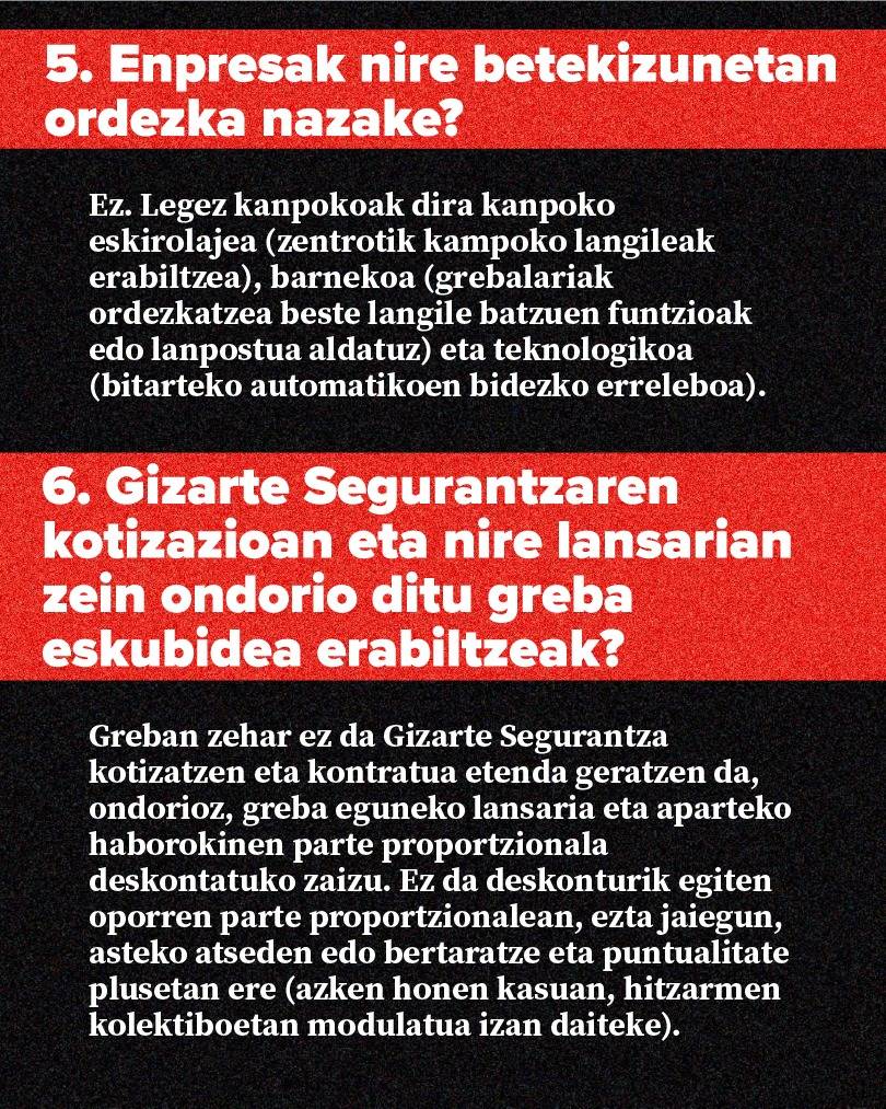 Informazio-kartela, hondo beltzarekin eta zerrenda gorriekin, enpresak greba egiten dutenak ordezka ditzakeen azaltzen duena eta grebak Gizarte Segurantzako kotizazioan eta soldaten ordainsarian dituen ondorioak zehazten dituena.