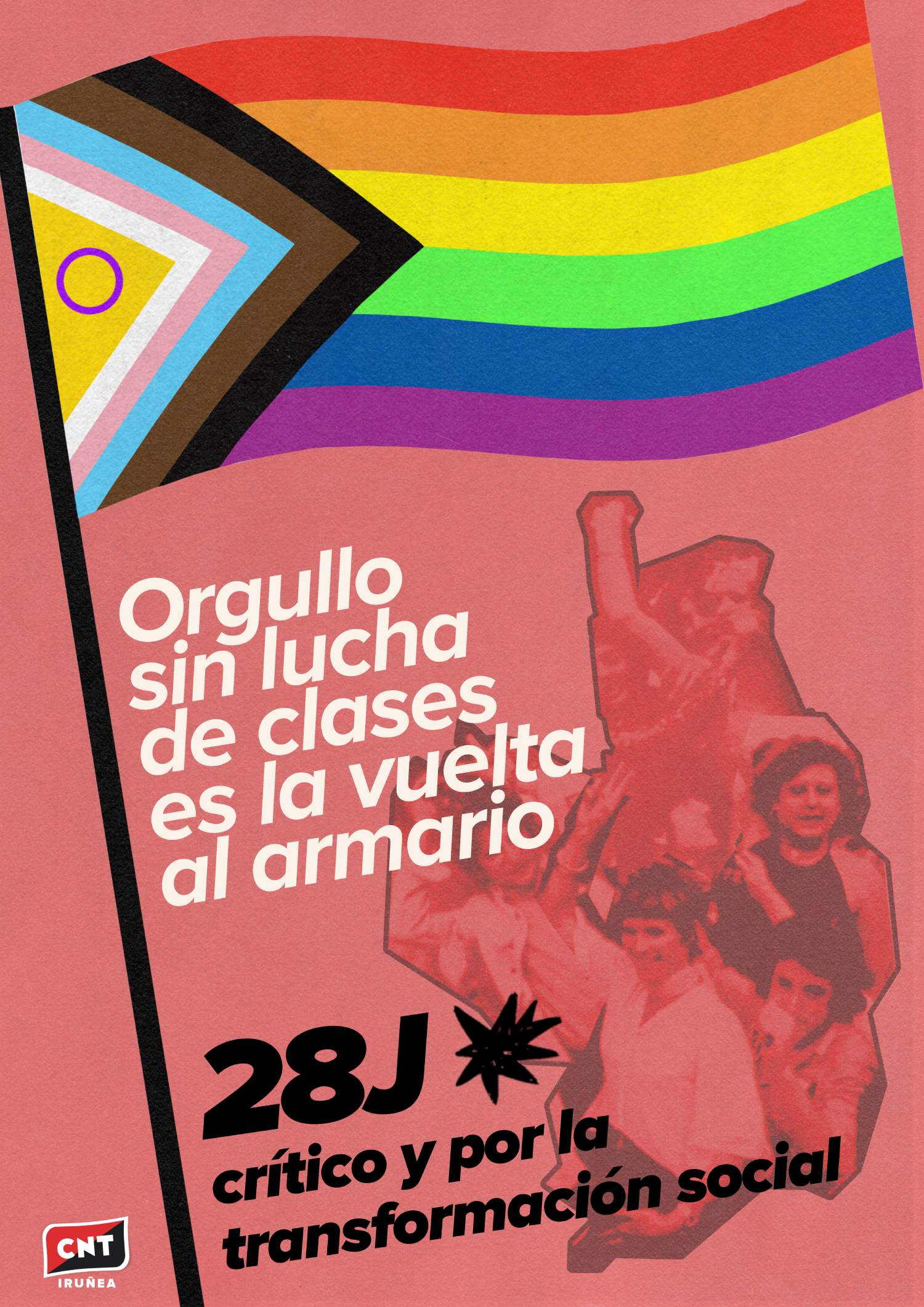 Cartel con la bandera transfeminista sobre fondo rojo. En blanco y en negro se puede leer "Orgullo sin lucha de clases es volver al armario". Abajo a la izquierda, el logotipo de CNT. A la derecha, una foto con manifestantes del primer orgullo en Barcelona de 1977.